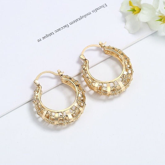 18k Layered Real Gold Round Basket Hoop Earrings