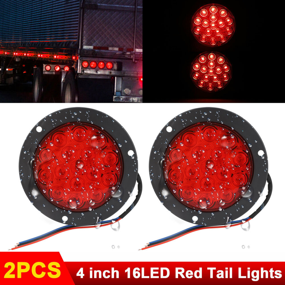 2x Red 16 LED 4" Round Truck Trailer Tail Stop Turn Brake Lights