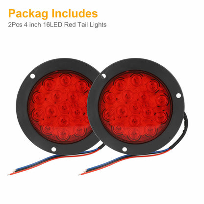 2x Red 16 LED 4" Round Truck Trailer Tail Stop Turn Brake Lights