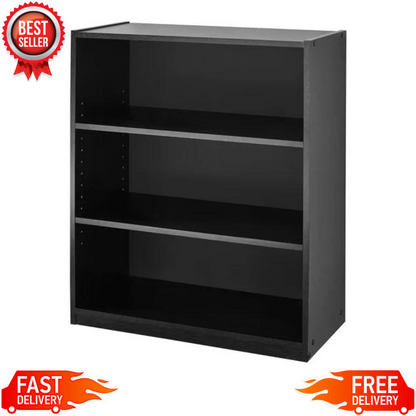 3 Shelf Wood Bookcase Wide Storage