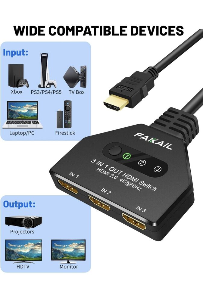 4K 60Hz HDMI Switch 3 in 1 Out FAKAIL HDMI Splitter