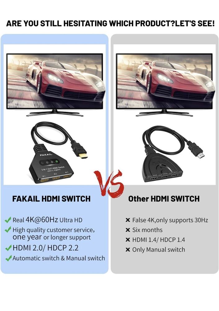 4K 60Hz HDMI Switch 3 in 1 Out FAKAIL HDMI Splitter