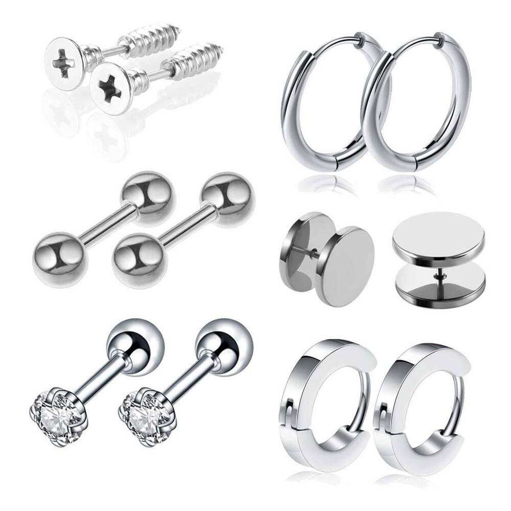 6 Pairs Stainless Steel CZ Huggie Hoop Earrings