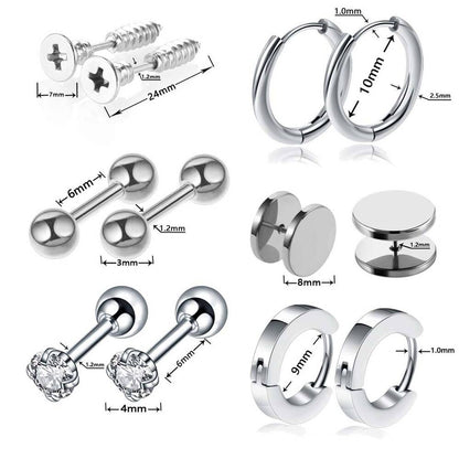 6 Pairs Stainless Steel CZ Huggie Hoop Earrings