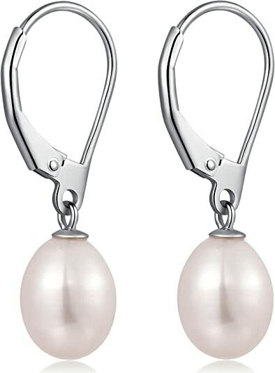 925 Sterling Silver Drop Hook Pearls Earrings 8MM