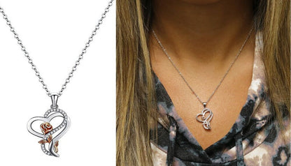 925 Sterling Silver Heart Rose Pendant Necklace