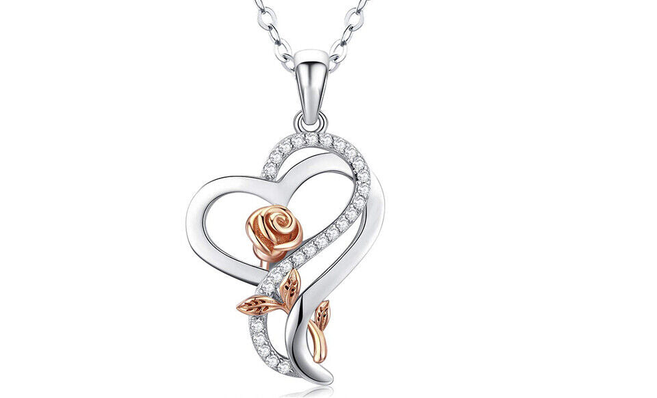 925 Sterling Silver Heart Rose Pendant Necklace