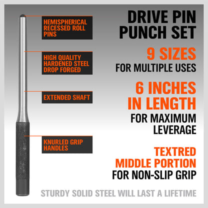 9pc Forged Steel Roll Pin Punch Set