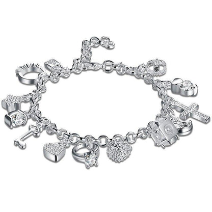 Sterling Silver plated Geometric Zircon Charm Bracelet - Adjustable & Elegant Design