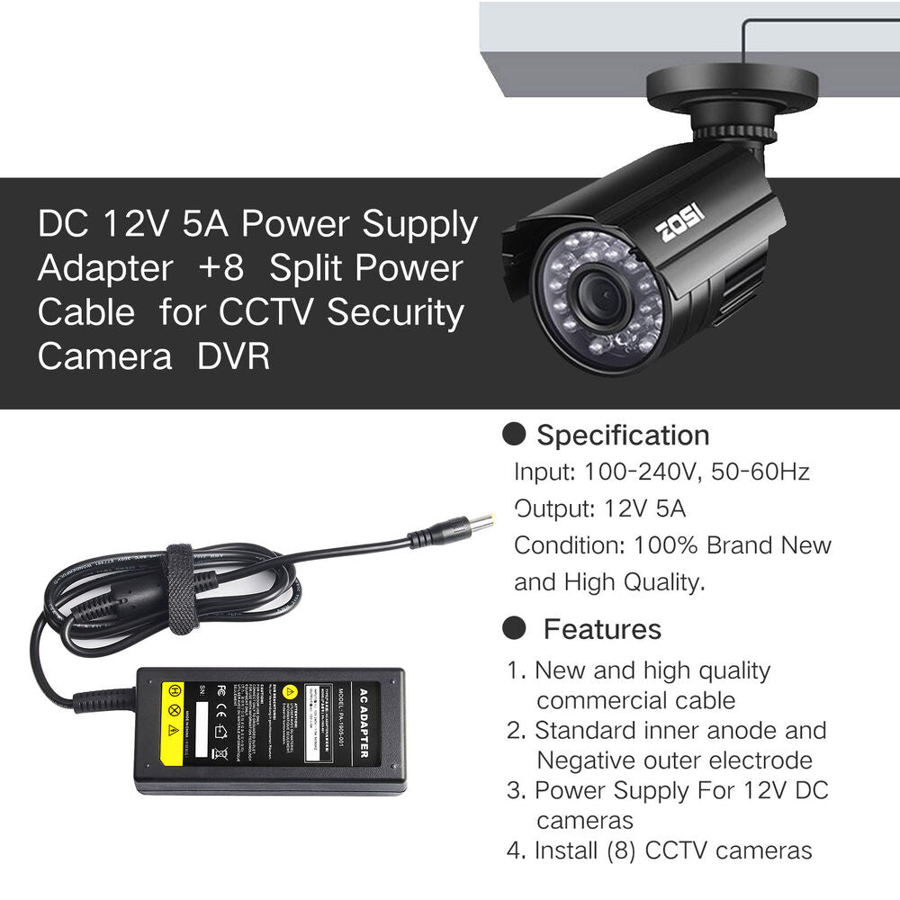 DC 12V 5A Power Supply Adapter +8 Split Power