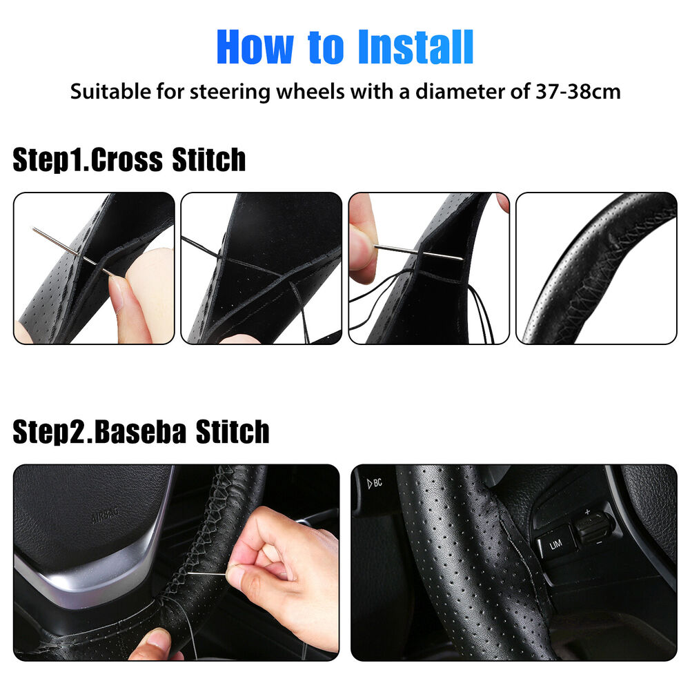 Genuine Leather DIY Car Steering Wheel Cover Anti-slip For 15"/38 cm Dia Black