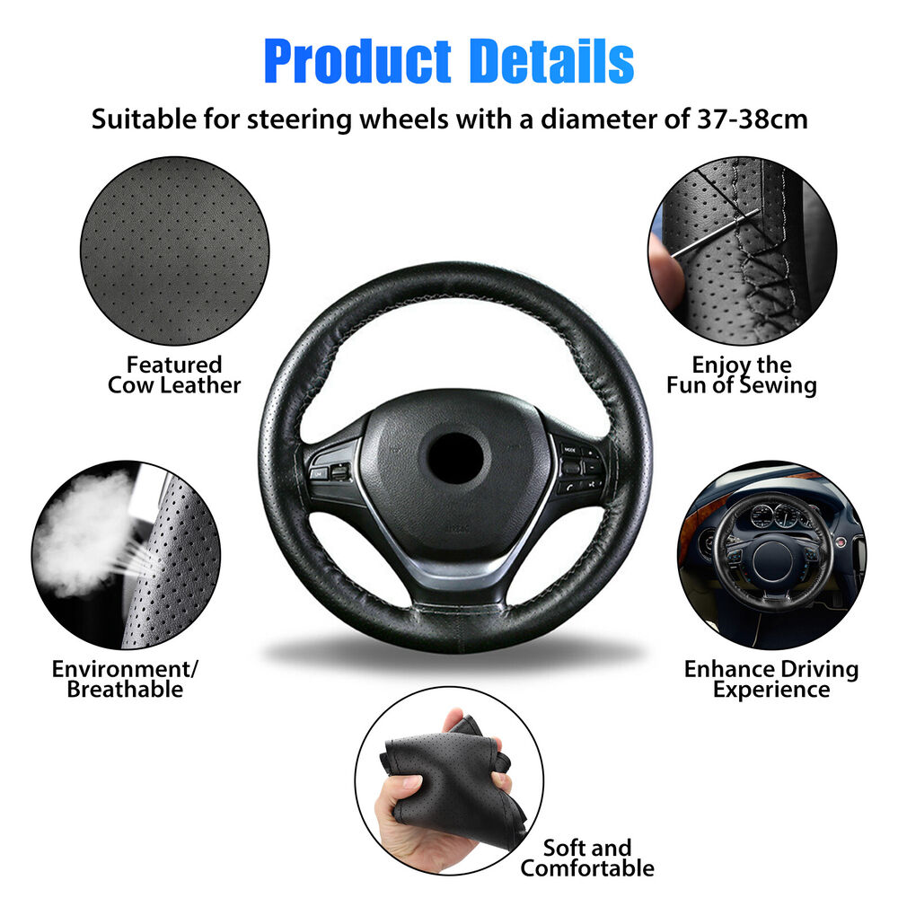 Genuine Leather DIY Car Steering Wheel Cover Anti-slip For 15"/38 cm Dia Black