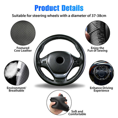 Genuine Leather DIY Car Steering Wheel Cover Anti-slip For 15"/38 cm Dia Black