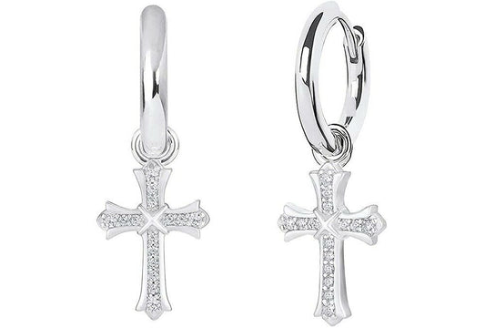 18K White Gold Plated CZ Cross Earrings