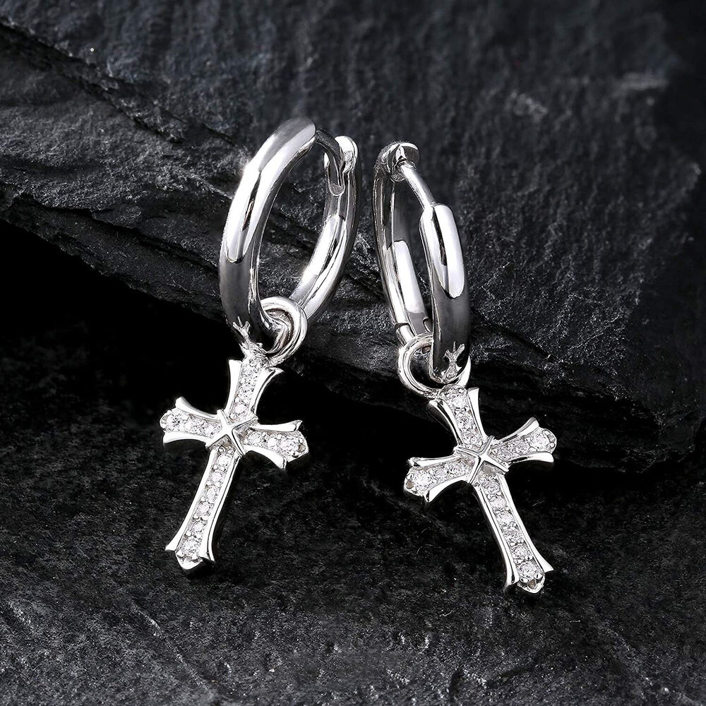 18K White Gold Plated CZ Cross Earrings