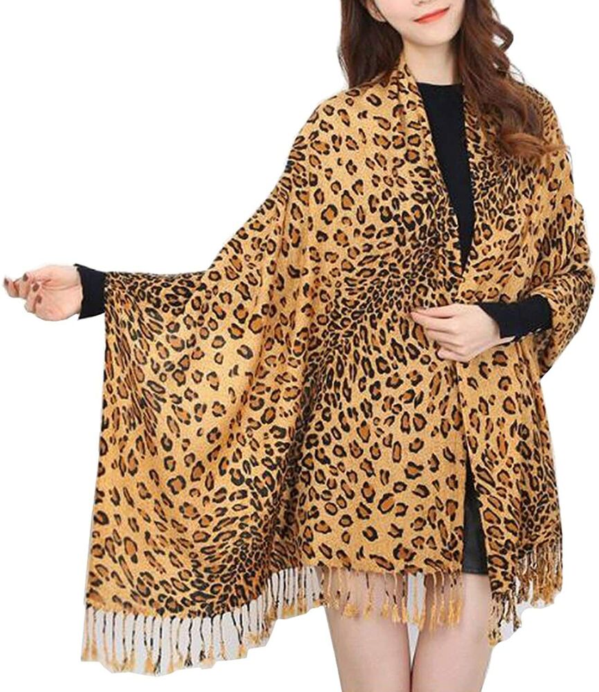 Women's Leopard Print Fringed Pashmina Scarf Wrap