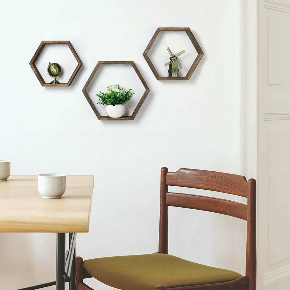 Set of 6 Hexagon Floating Shelves Farmhouse Honeycomb Wood Wall Storage Shelf