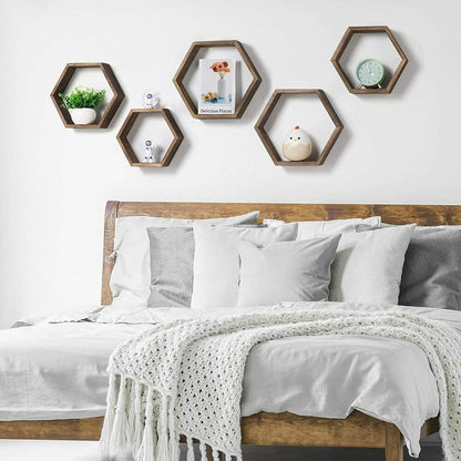 Set of 6 Hexagon Floating Shelves Farmhouse Honeycomb Wood Wall Storage Shelf