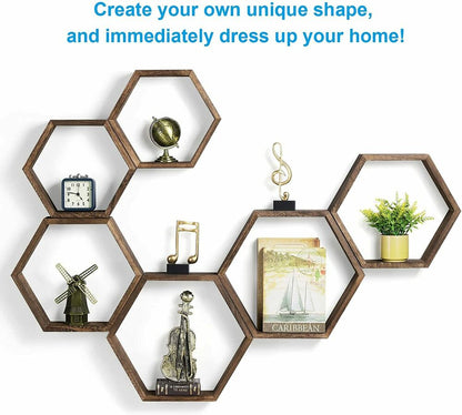 Set of 6 Hexagon Floating Shelves Farmhouse Honeycomb Wood Wall Storage Shelf