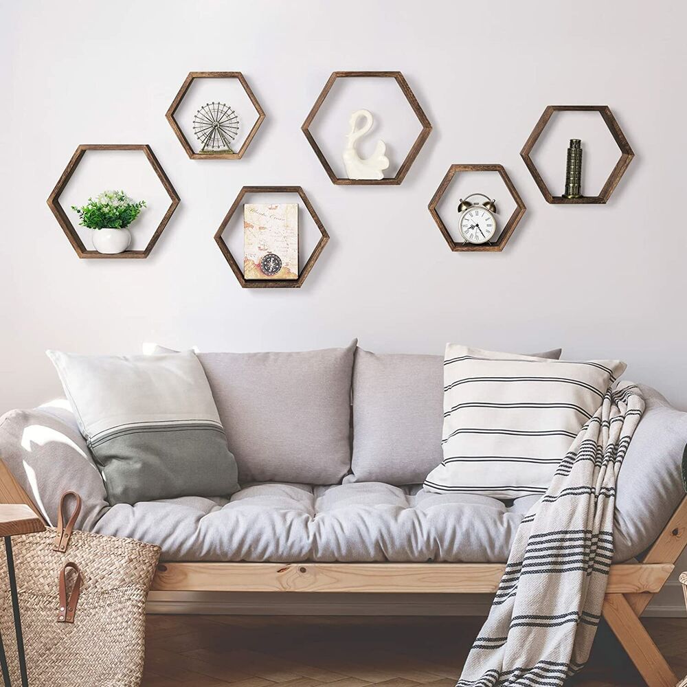 Set of 6 Hexagon Floating Shelves Farmhouse Honeycomb Wood Wall Storage Shelf