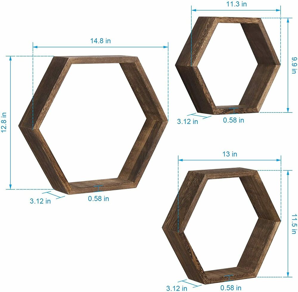 Set of 6 Hexagon Floating Shelves Farmhouse Honeycomb Wood Wall Storage Shelf