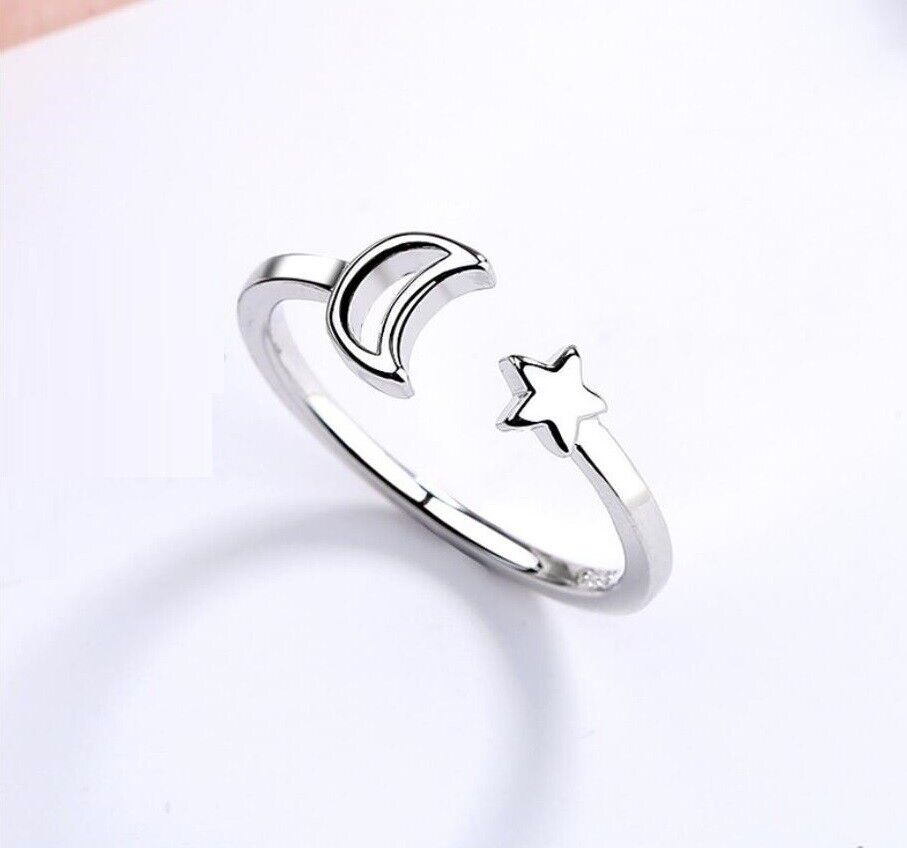 Silver Moon Star White Gold Promise Ring