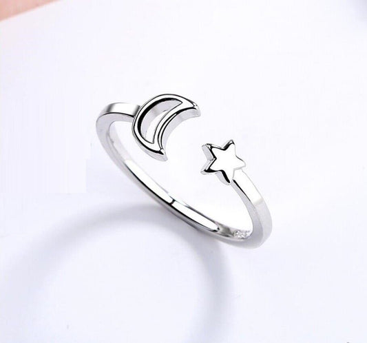 Silver Moon Star White Gold Promise Ring