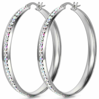 Silver Stainless Steel Huggie CZ Large Circle Hoop Earrings