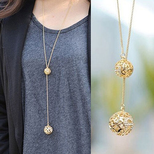 Golden Long Double Ball Pendant Necklace