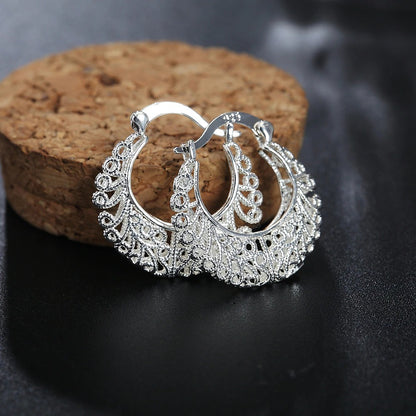 Silver Plated Weave Hollow Moon Hoop Earring