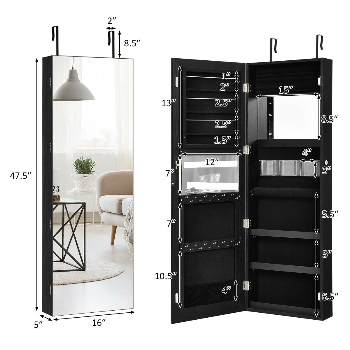 Wall&Door Mounted Jewelry Cabinet w/ Frameless Mirror