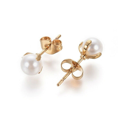 White Pearl Bead Stud Earrings