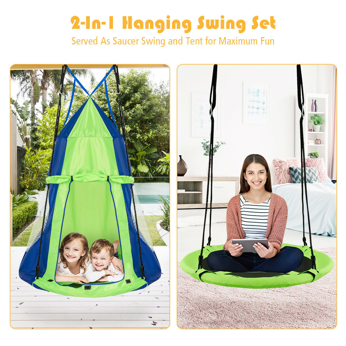 Kids Hanging Chair Swing Tent  Seat Green-40"