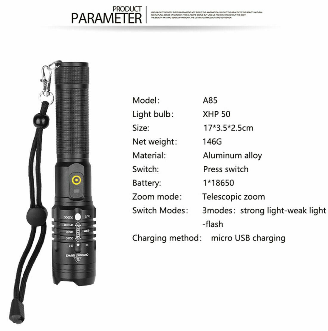 XHP50 Flashlight Zoomable 990000Lumens Rechargeable