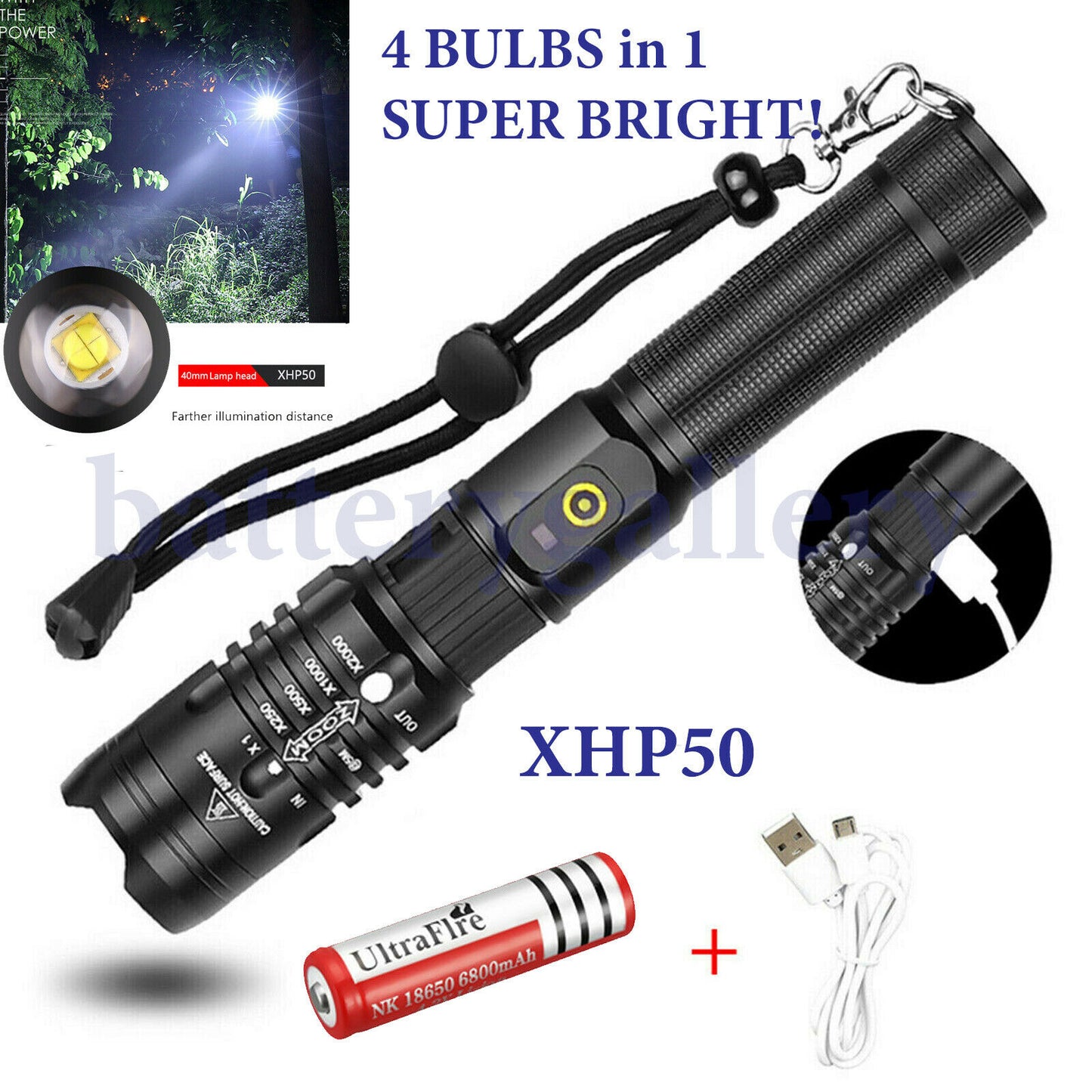 XHP50 Flashlight Zoomable 990000Lumens Rechargeable