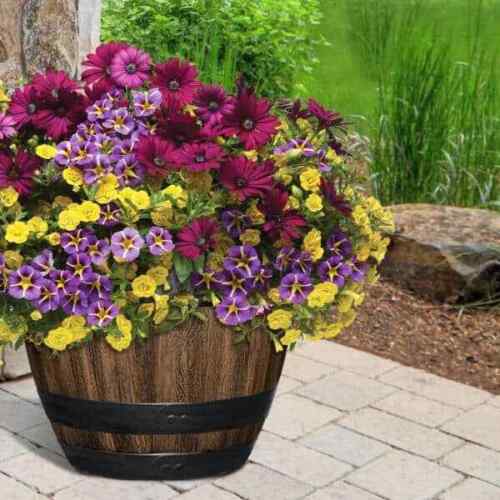 16 In. Resin Wine Barrel Planter Indoor Outdoor Large Flower Garden Decor Pot